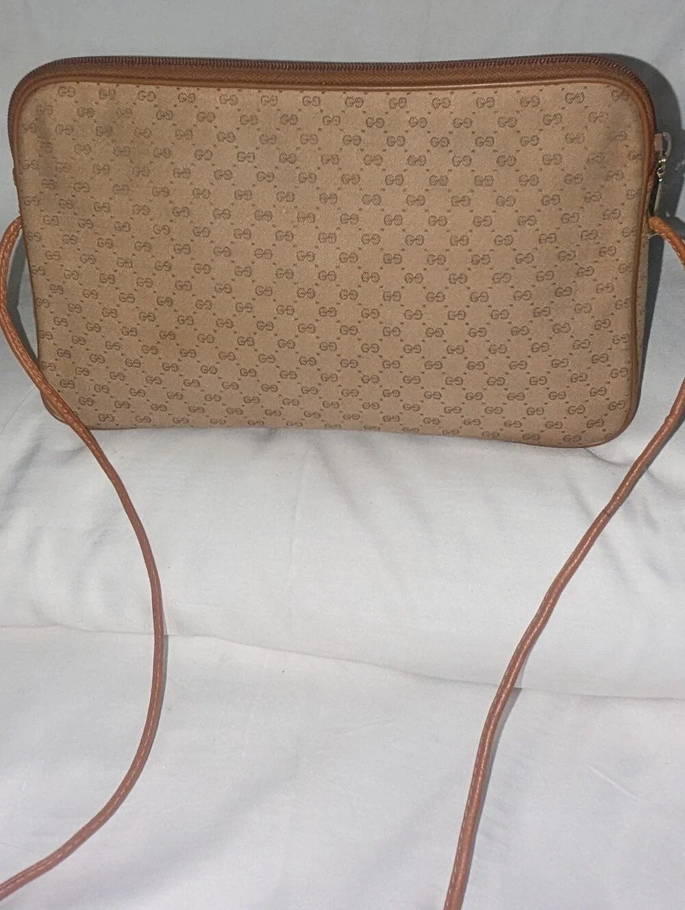 Vintage Gucci Micro GG Camera Bag Canvas with Brown Trim